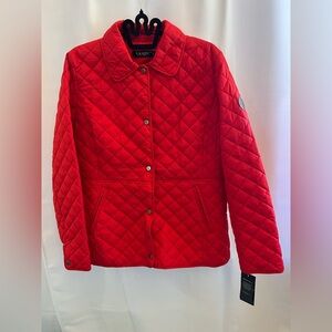 Ralph Lauren Quilted Jacket Women’s L Coral Red Snap Front Coat NWT